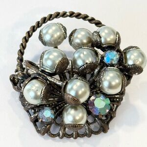 Vintage Faux Pearl Made In Austria Brooch Basket Rhinestone Aurora Borealis